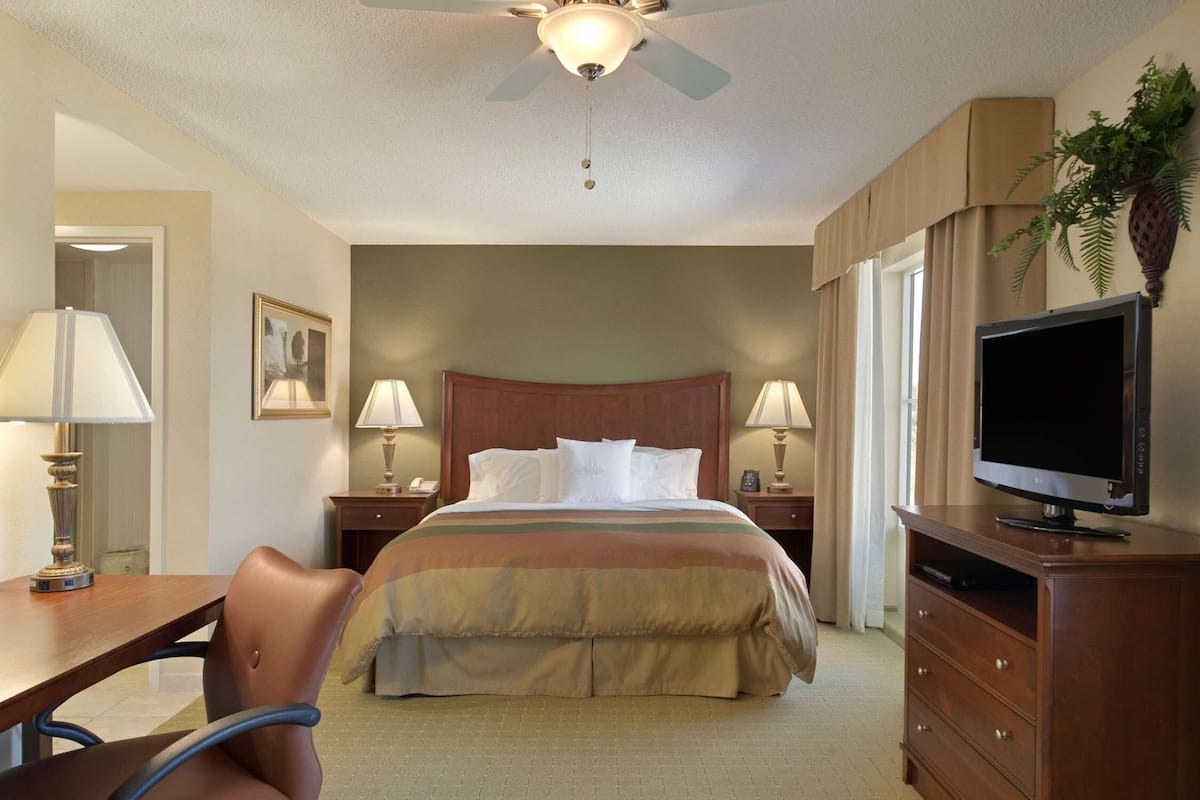 Habitación de hotel con una cama, dos mesitas de noche con lámparas, un televisor sobre un mueble bajo, un ventilador de techo y una silla.