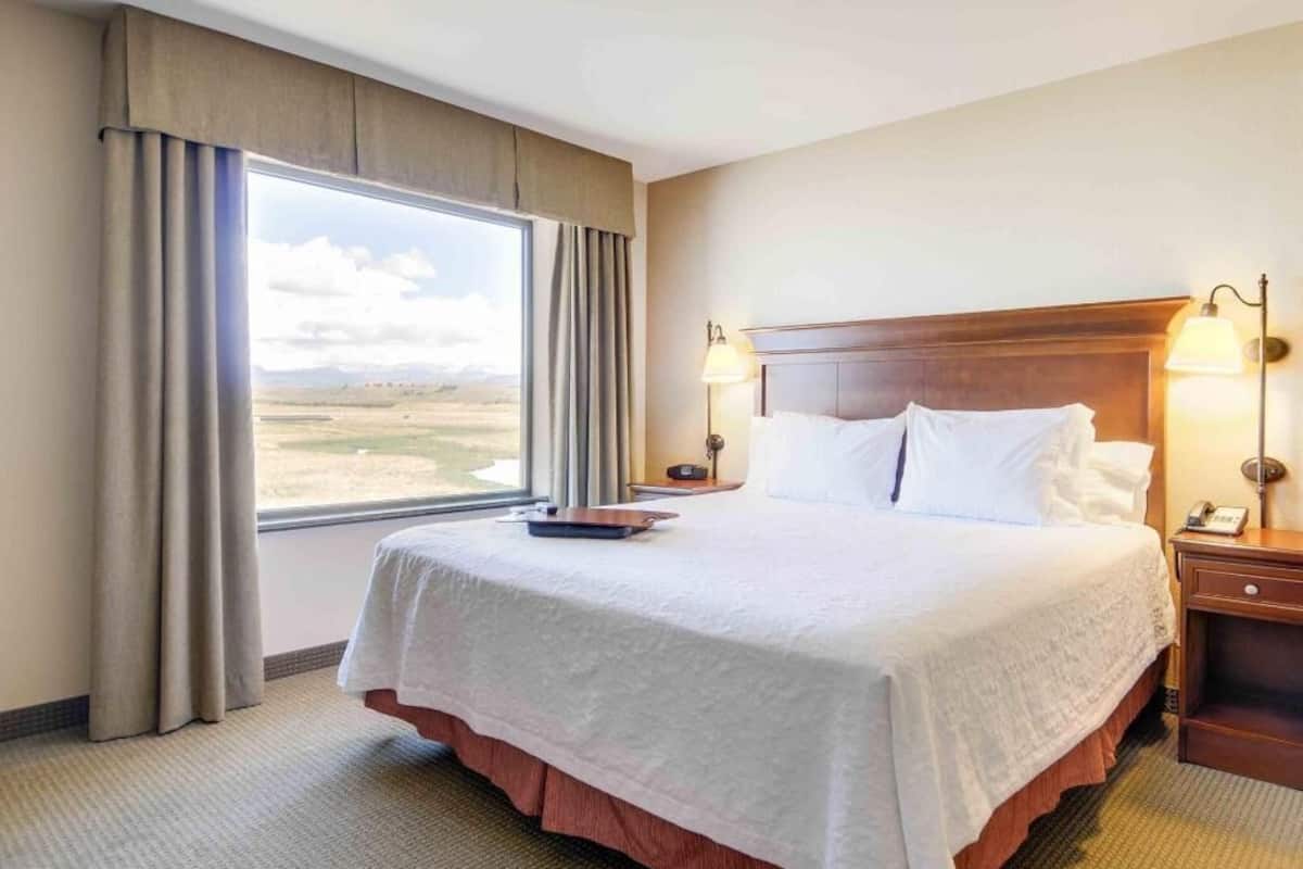 A hotel room with a large bed, a view of the landscape, and two bedside lamps.