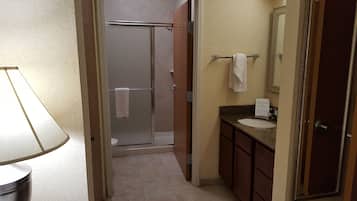 A bathroom with a shower, sink, and mirror.