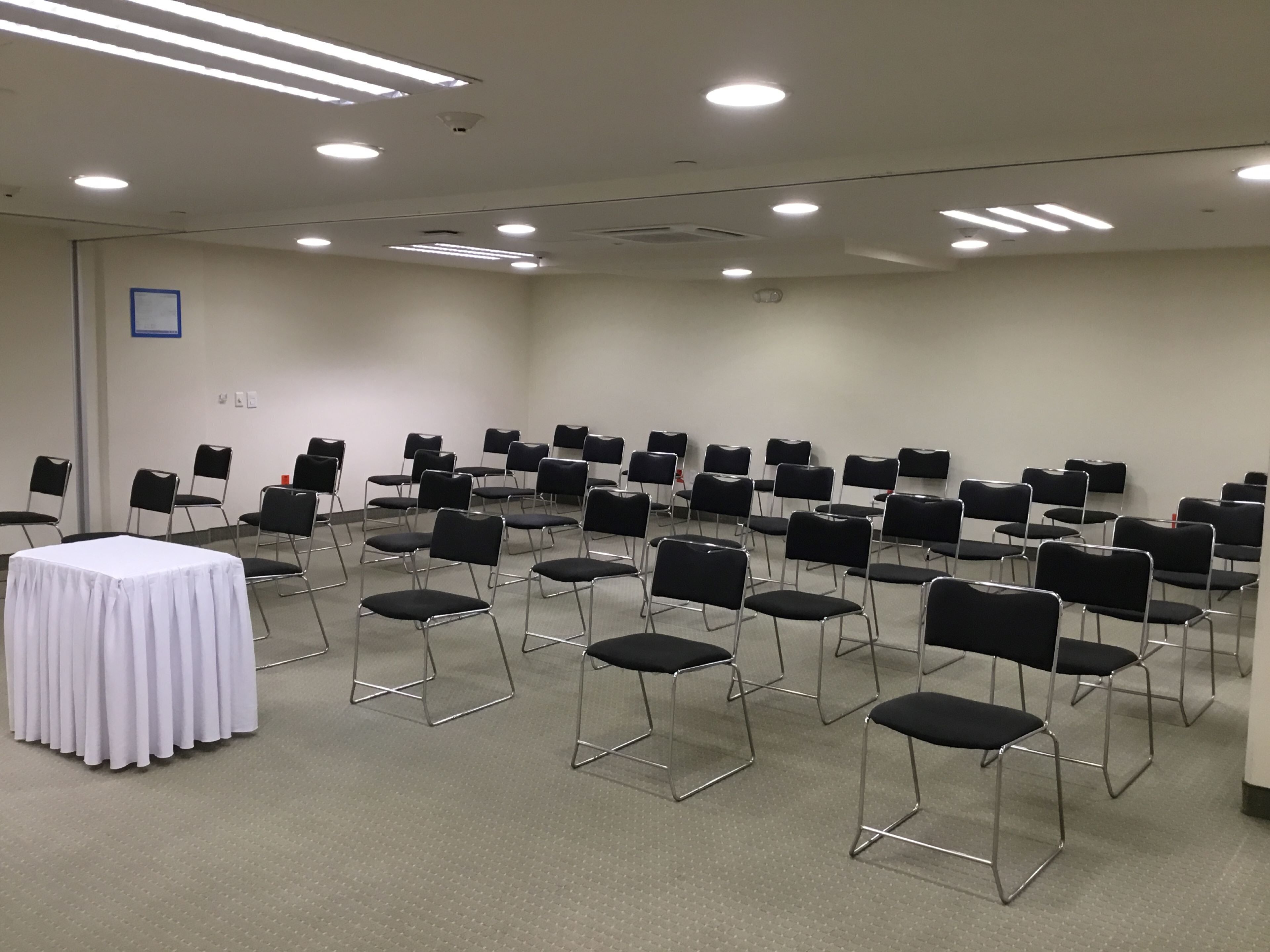 A conference room with rows of chairs and a table, equipped with ceiling lights and a smoke detector.