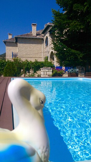 Alberca al aire libre, acceso de 10:00 a 19:00, y camastros