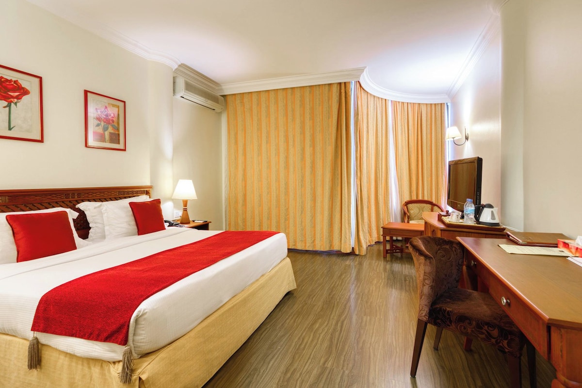 Una habitación de hotel con una cama, un escritorio, una silla, un televisor y cortinas.