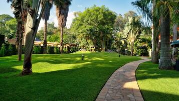 Stroll through the serene garden, surrounded by lush greenery and tall palm trees.