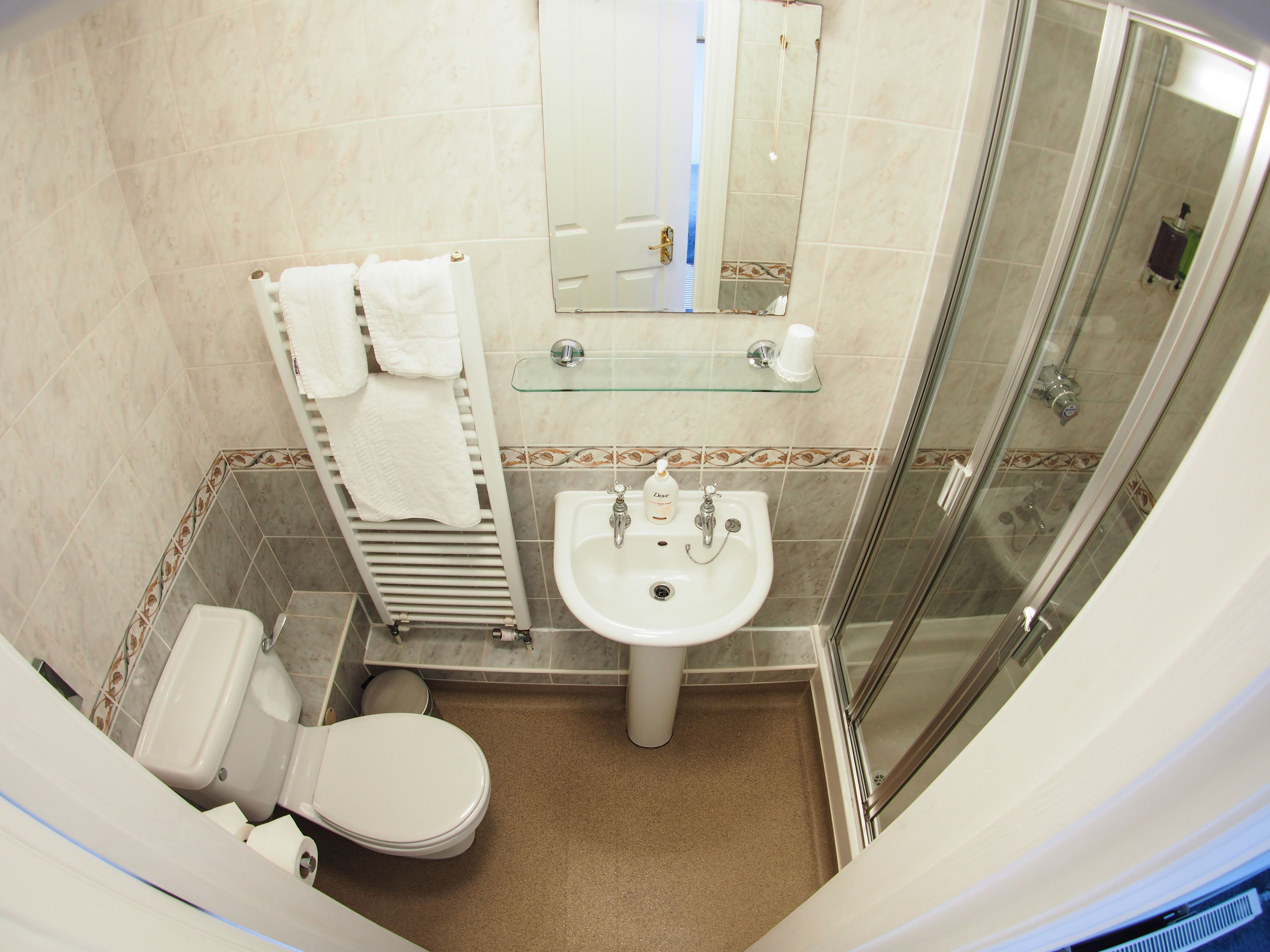 shower, free toiletries, hair dryer, towels