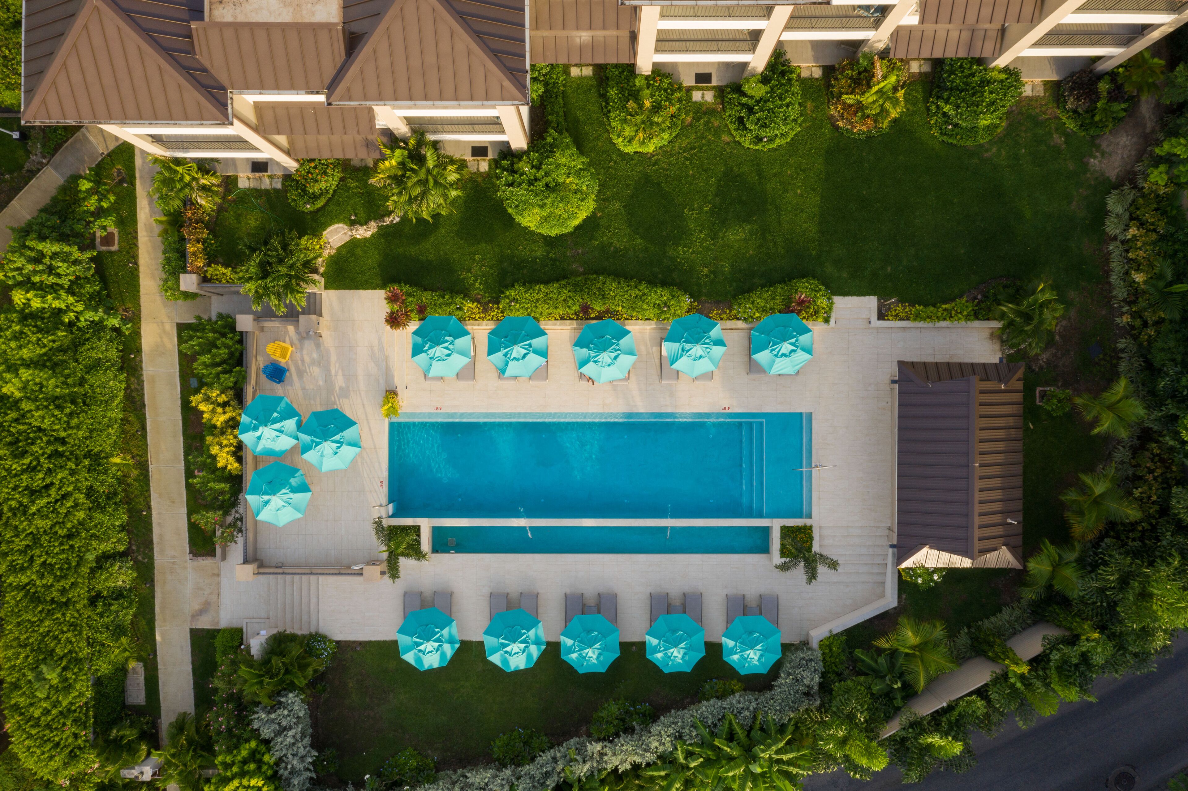 An aerial view of a hotel with a swimming pool, multiple lounge areas with umbrellas, and surrounding greenery.