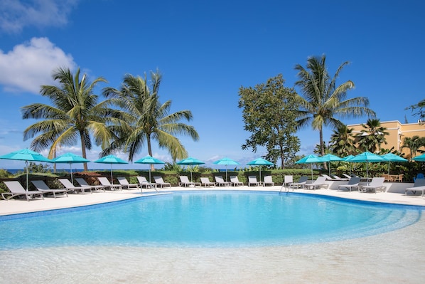 A swimming pool with lounge chairs and umbrellas, surrounded by palm trees.