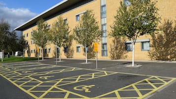 A parking area with wheelchair-accessible spaces marked by yellow lines and symbols.