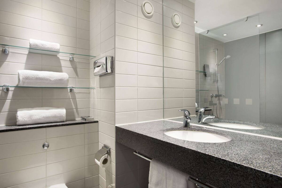 shower, free toiletries, hair dryer, towels