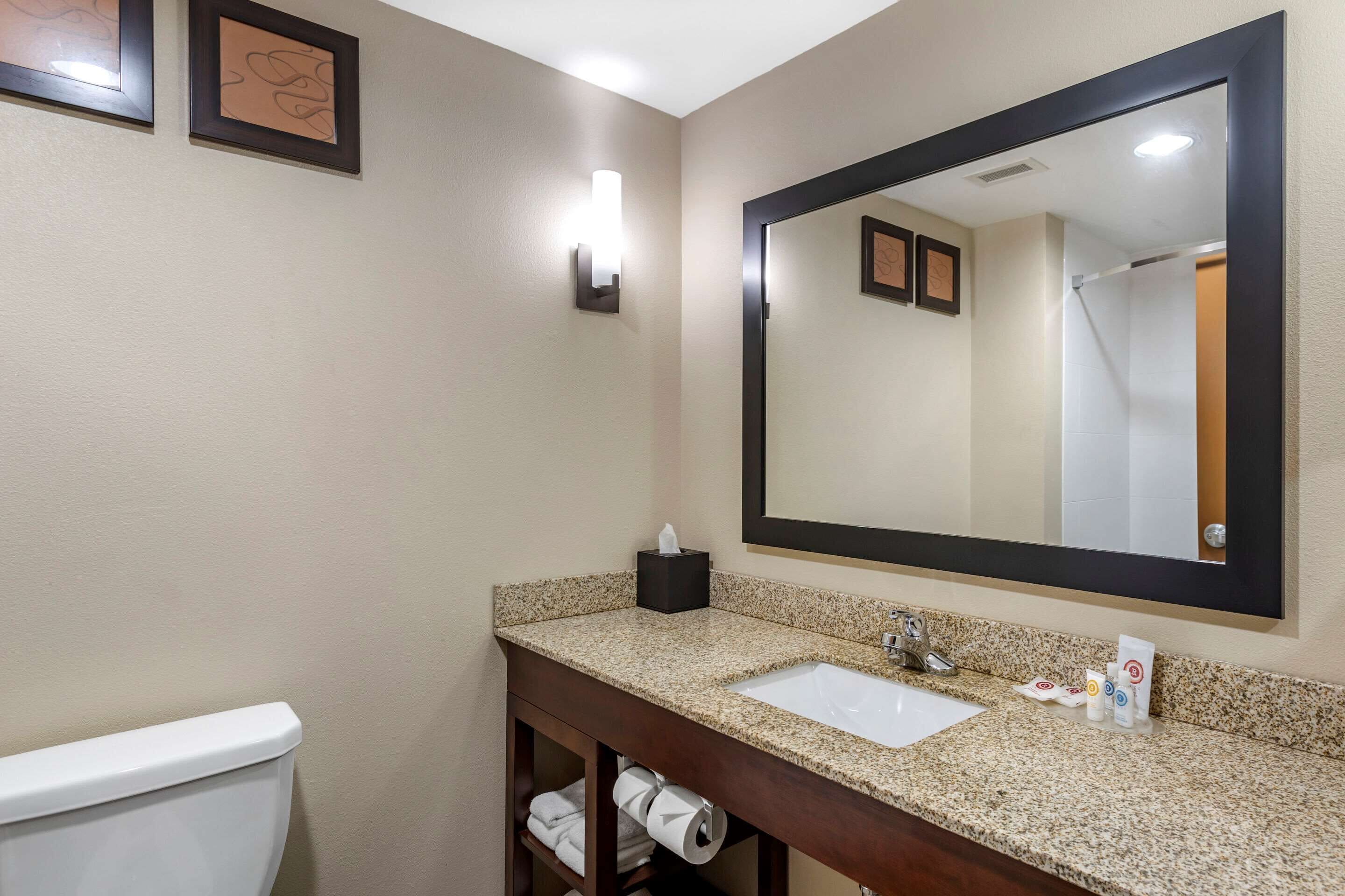 Une salle de bain avec des toilettes blanches, un lavabo doté d’un plan de travail en marbre, un grand miroir et des œuvres d’art encadrées accrochées au mur.