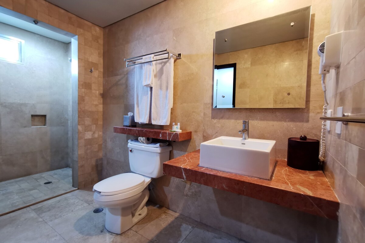 Habitación estándar, 2 camas matrimoniales | Baño | Regadera, amenidades de baño gratuitas, secadora de cabello, toallas 