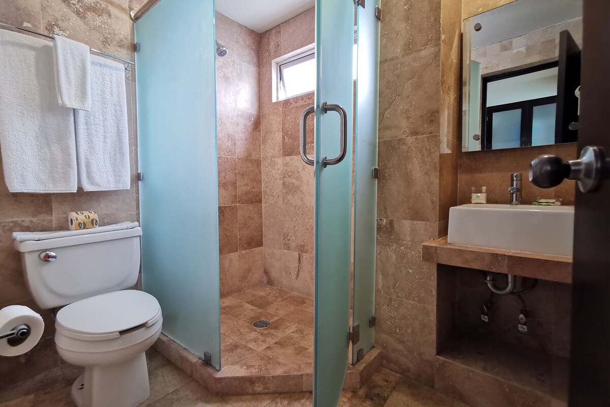 Regadera, amenidades de baño gratuitas, secadora de cabello, toallas 