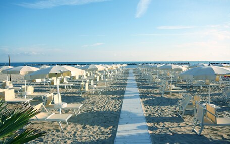 A beach with rows of white sunbeds and umbrellas, a wooden walkway, and the ocean in the background.