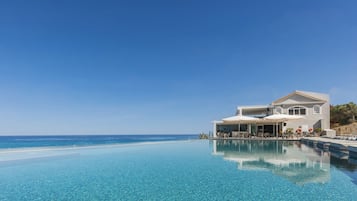 Indoor pool, outdoor pool, pool umbrellas, pool loungers