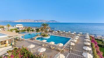 Seasonal outdoor pool, pool umbrellas, sun loungers