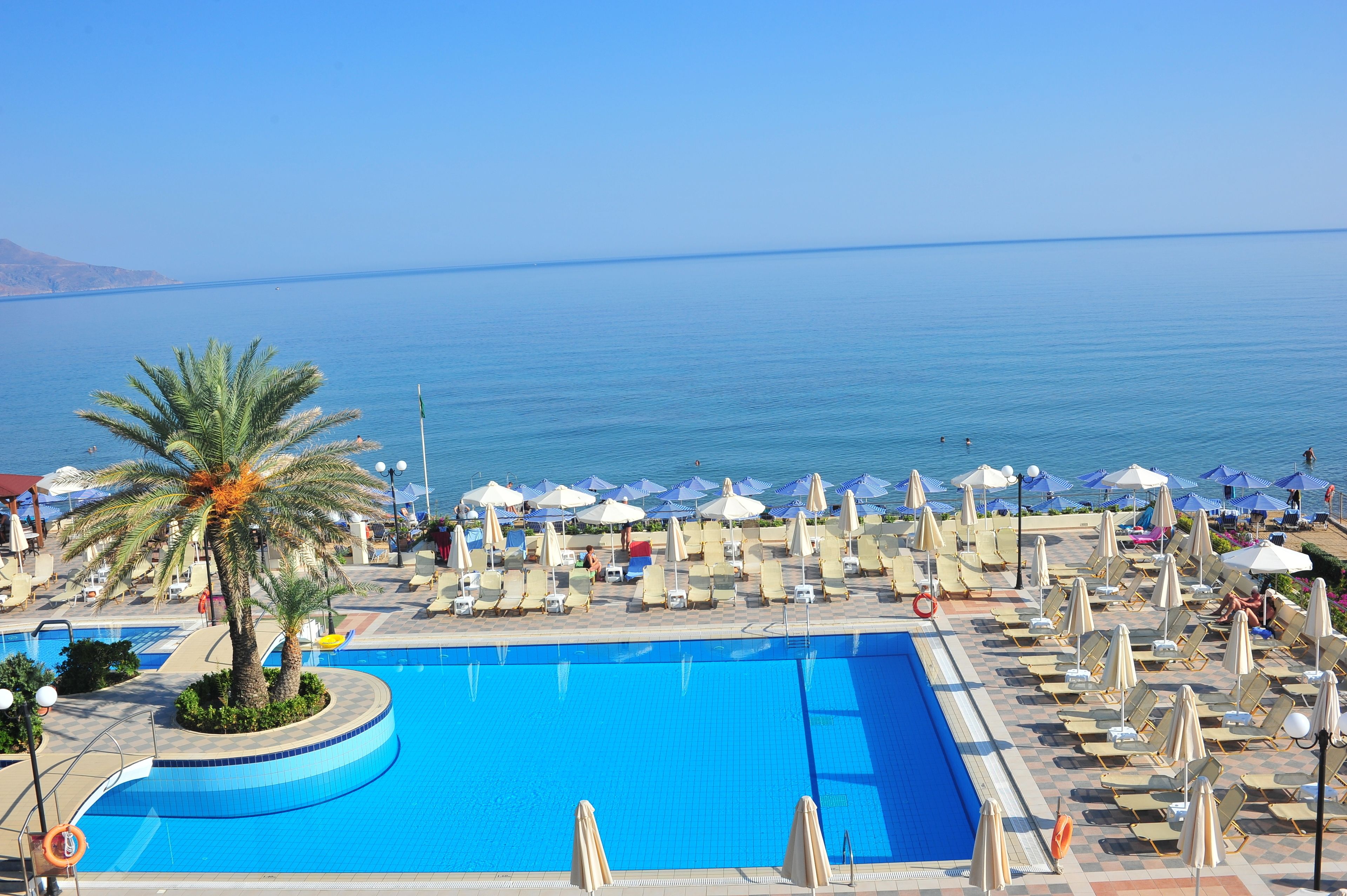 Zona de piscina con sillones de descanso y sombrillas, una palmera y vista al mar.