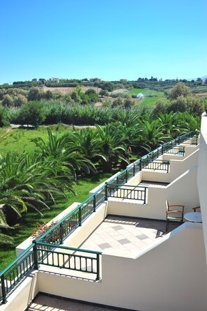 A hotel balcony with a view of a green landscape and palm trees. - Hydramis Palace Beach Resort (Apokoronas)