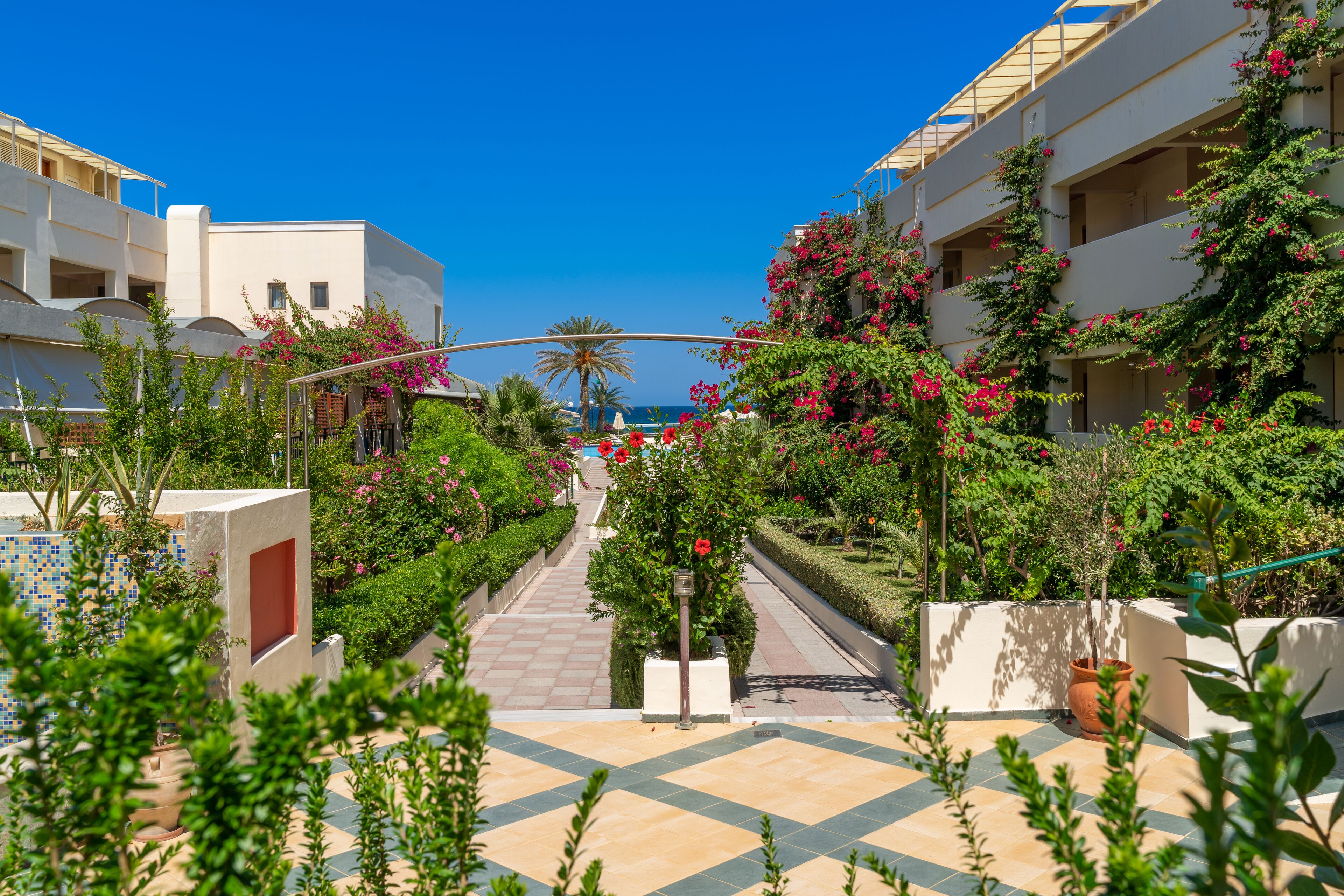 A hotel courtyard with a tiled walkway, lush greenery, and flowering plants.