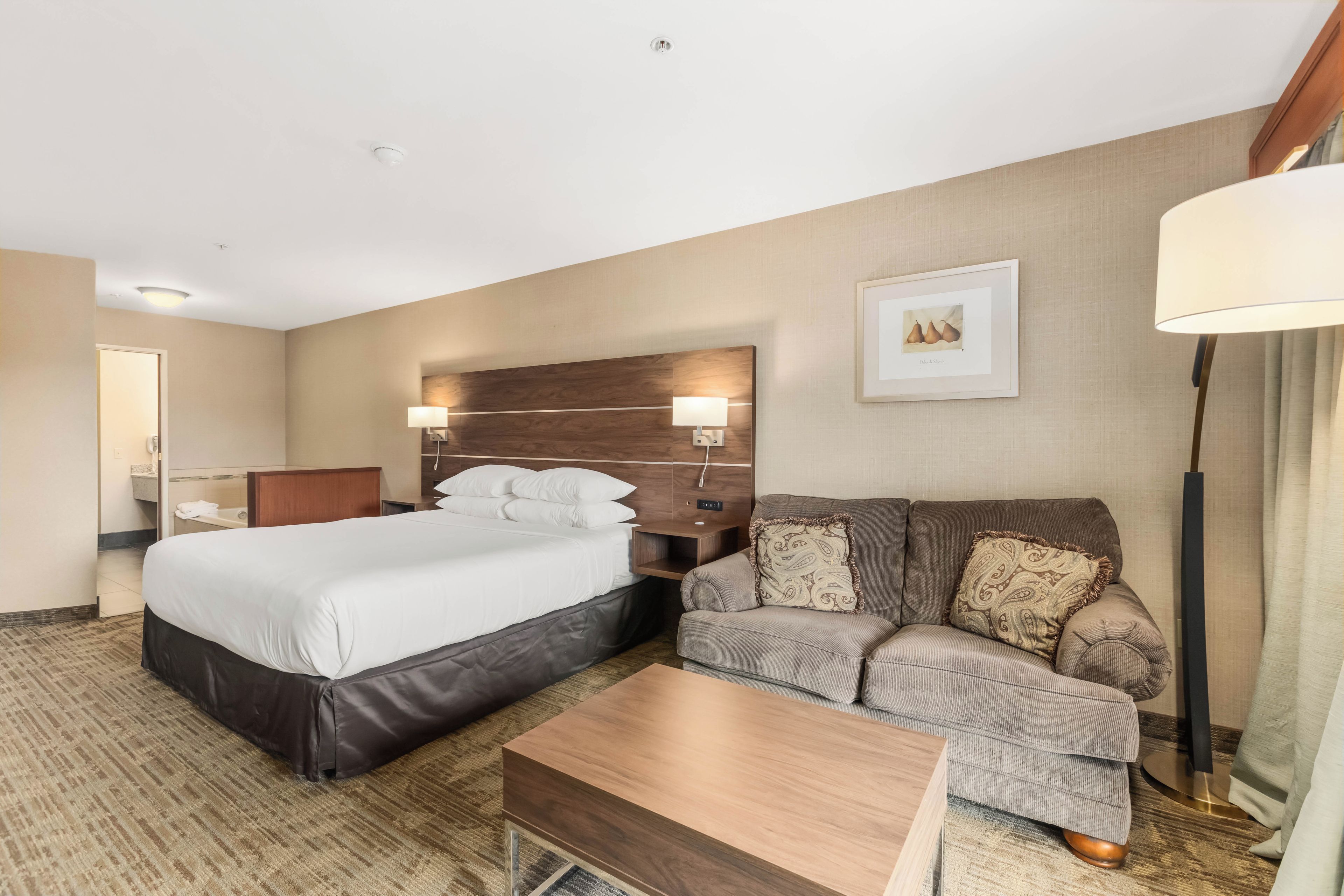 Habitación de hotel con cama, sofá, mesa de centro, mesita de noche, lámpara y un cuadro en la pared.