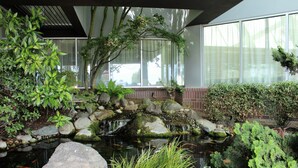 A serene indoor garden with a pond, rocks, and various plants.