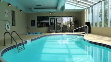 Indoor pool, open 10:00 AM to 10:00 PM, sun loungers