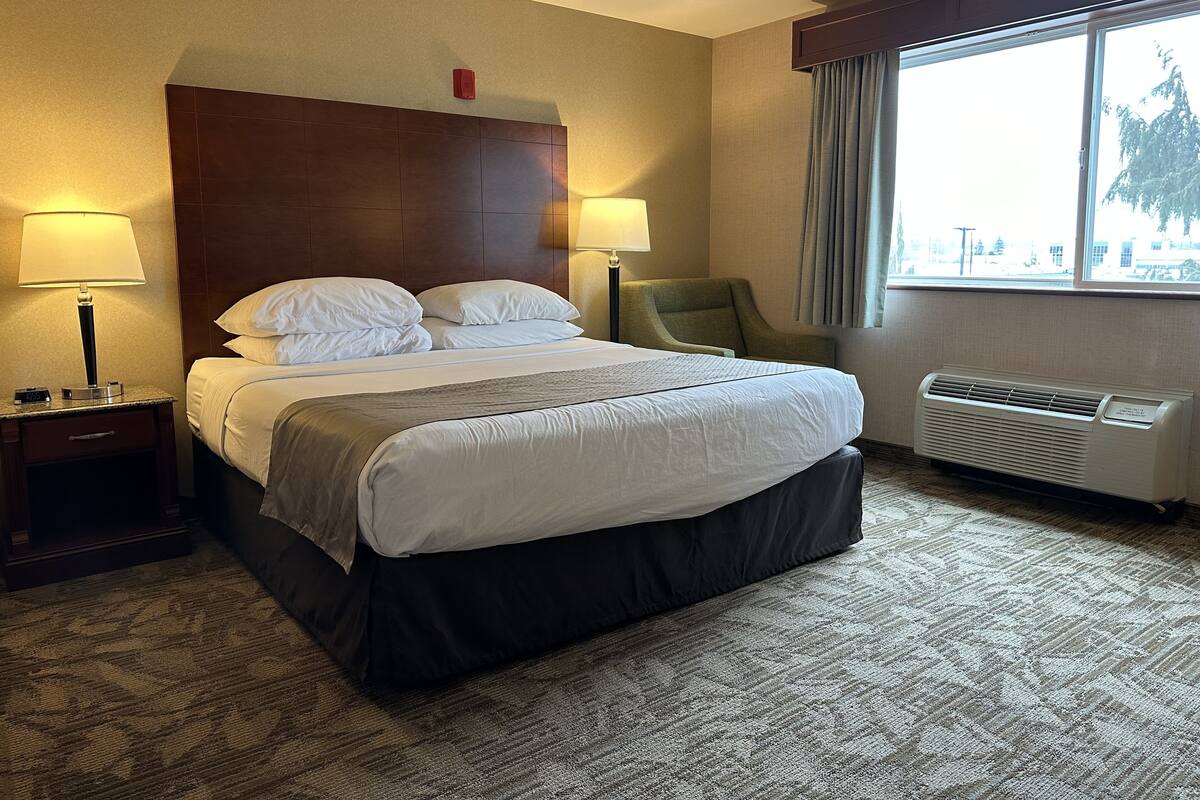 Habitación de hotel con una cama grande, dos lámparas de noche, una silla, una ventana con cortinas y un equipo de aire acondicionado.