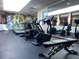 Un gimnasio con cintas de correr, elípticas y equipo de pesas.