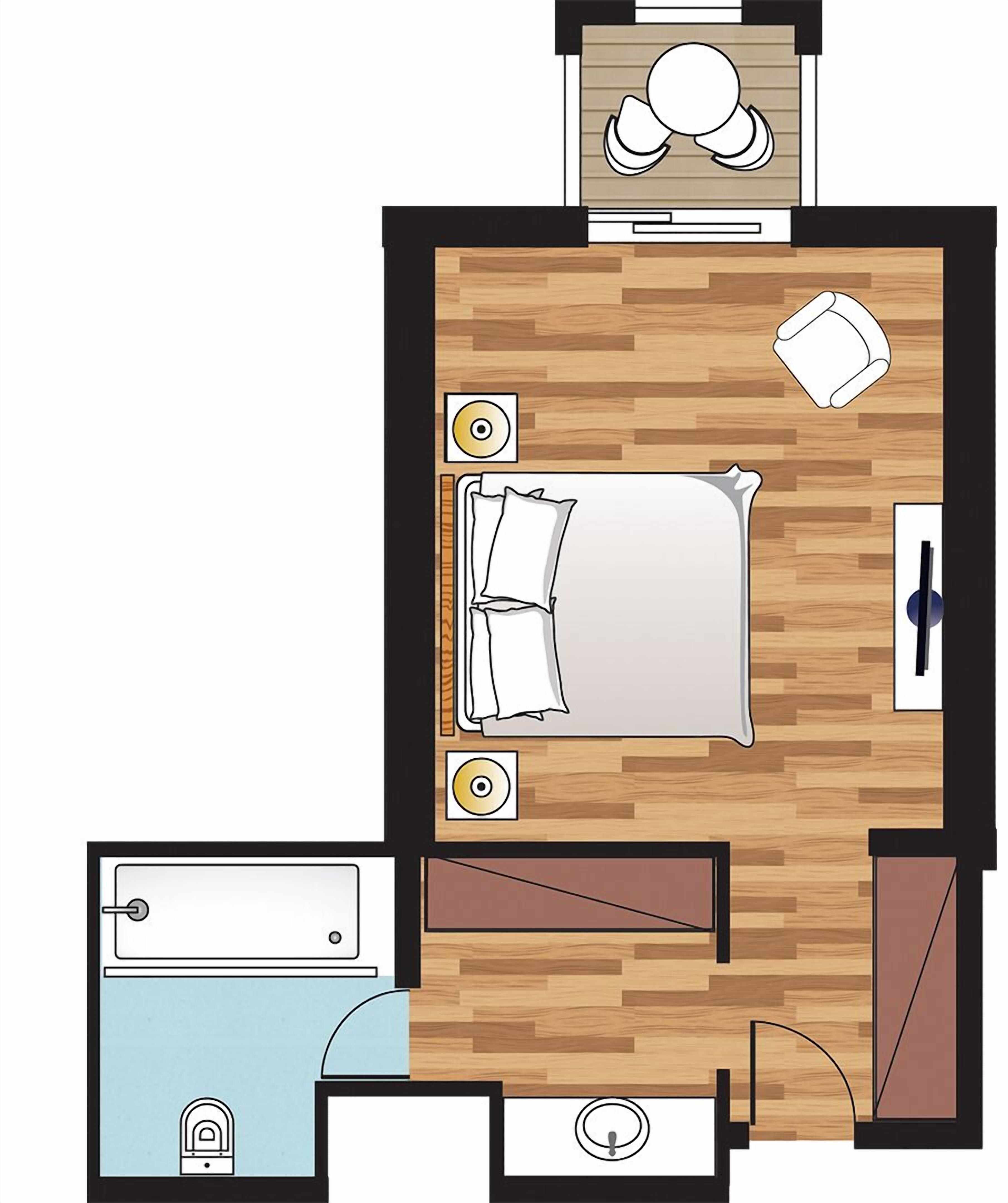 A hotel room layout with a bed, a bathroom, and a small sitting area.