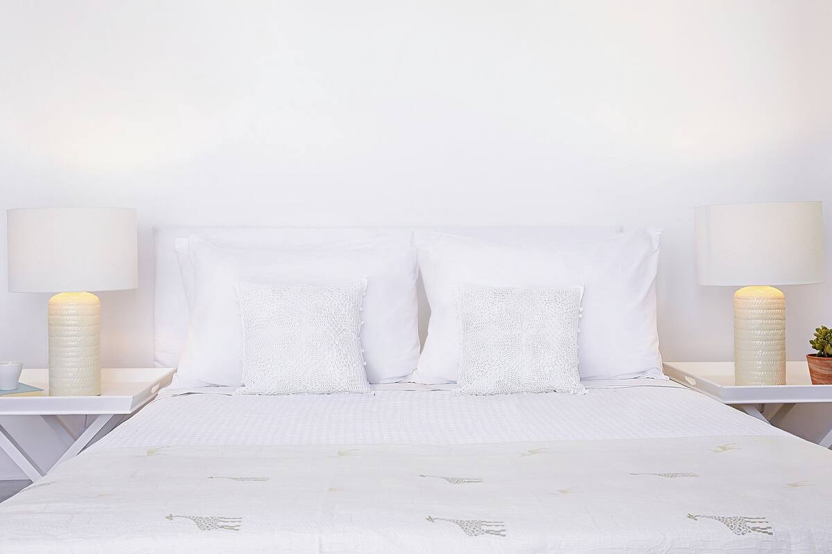 A neatly made bed with white linens and two decorative pillows, flanked by two bedside tables with lamps and a small potted plant.