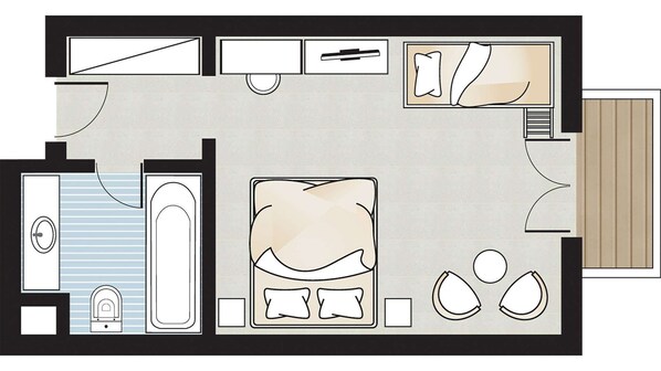Distribución de una habitación de hotel con cama, baño, escritorio y una pequeña zona de estar.