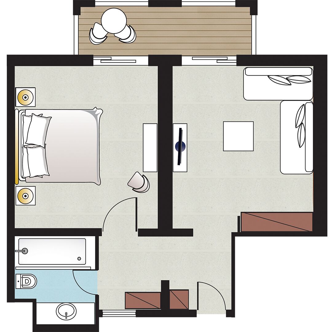 A hotel room layout with a bed, a desk, a bathroom, and a small sitting area.