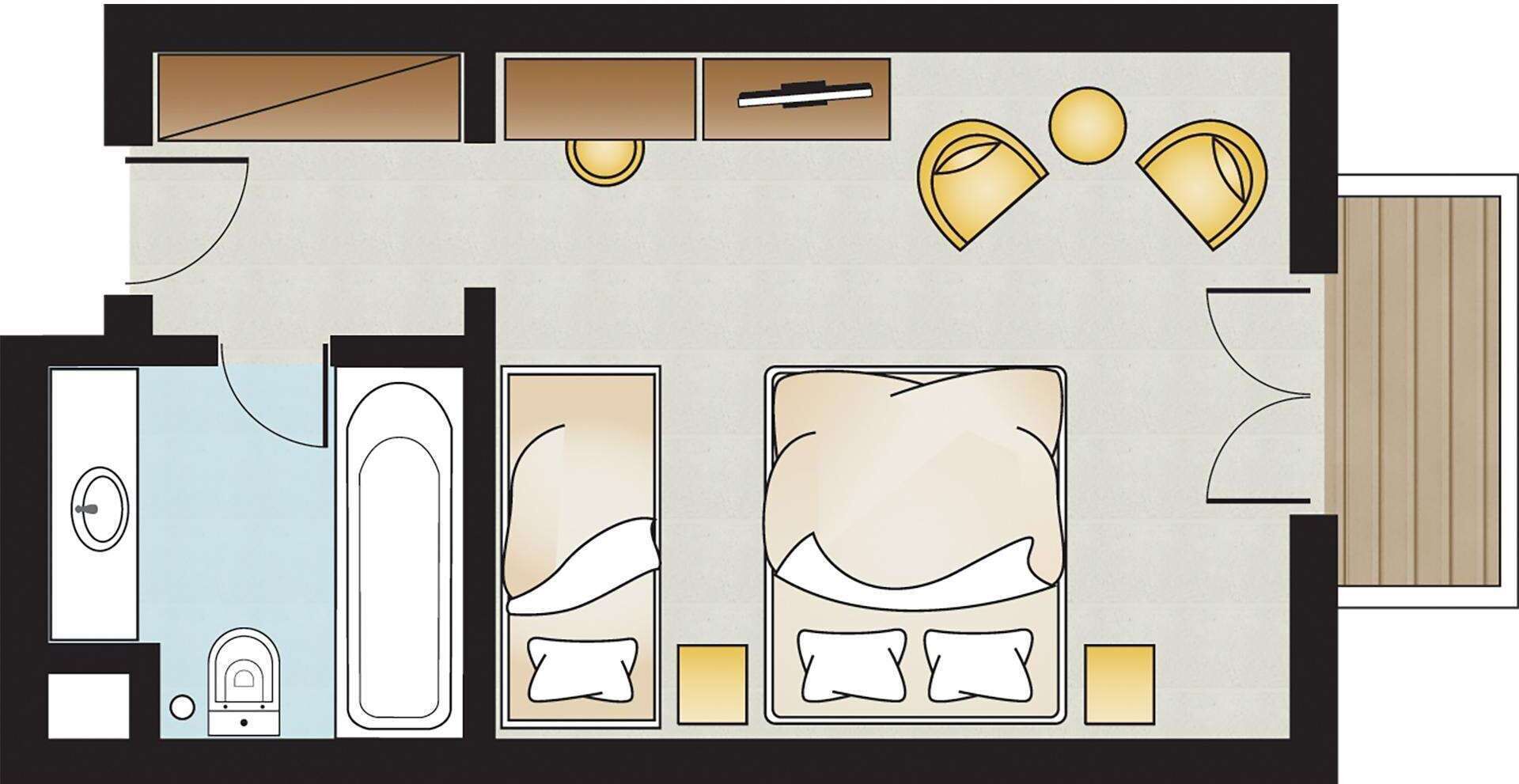 Distribución de una habitación de hotel con dos camas, baño, escritorio y una pequeña zona de estar.