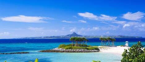 A tropical beach with clear blue waters, a small island with trees, and a distant mountain.