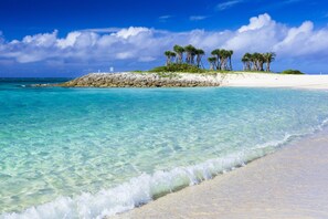 A beach with clear turquoise water, a sandy shore, and a small rocky island with palm trees. - Royal View Hotel Churaumi - Closest to Churaumi (Motobu)