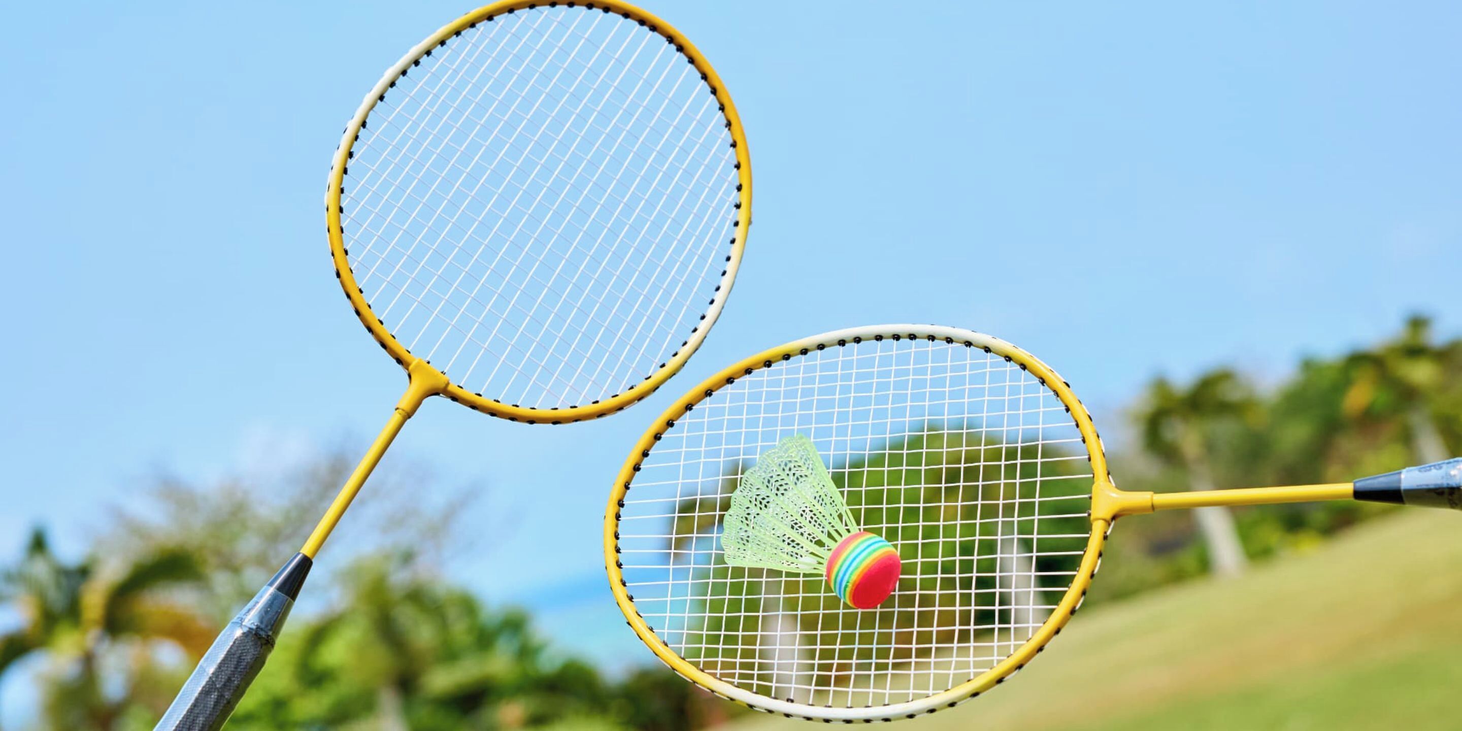 Duas raquetes de badminton com uma bola de pena no meio.
