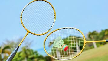Duas raquetes de badminton com uma bola de pena no meio.
