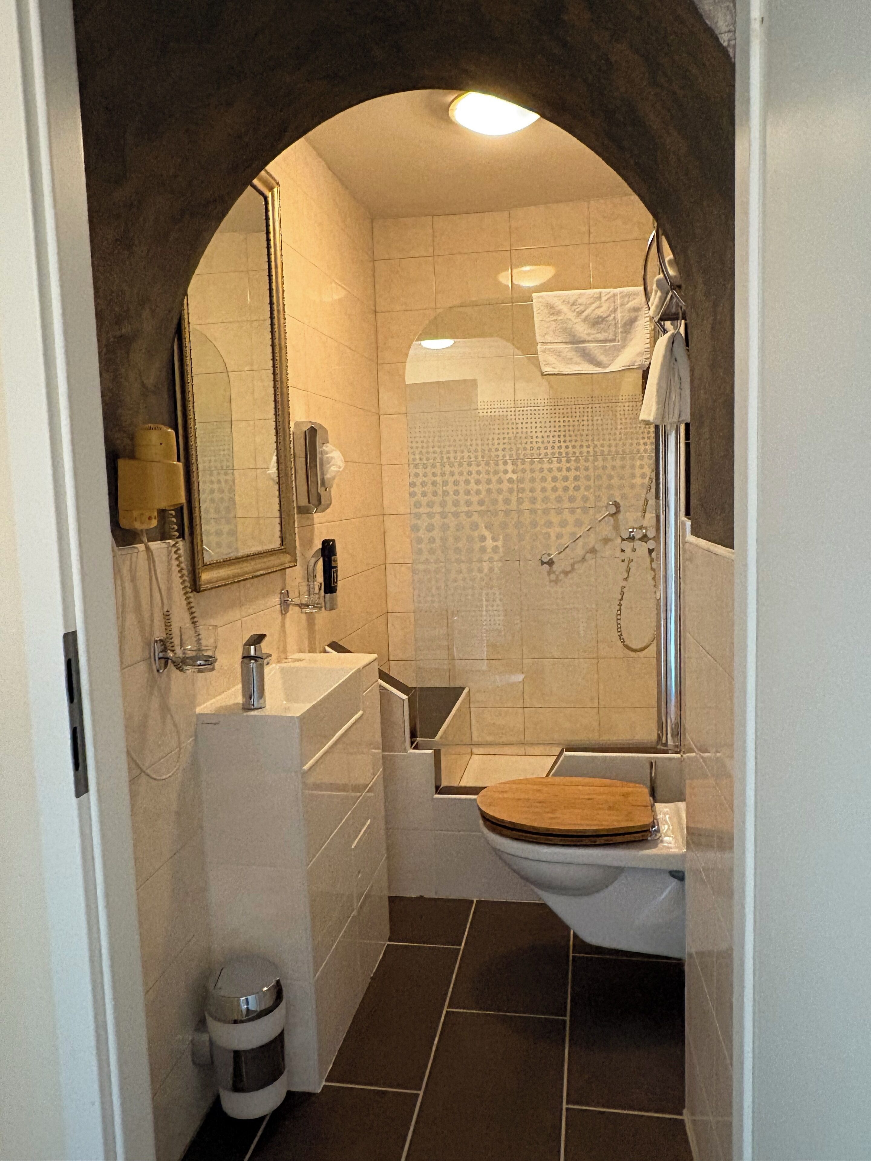 A bathroom with a white sink, a wooden toilet, a shower with a glass door, and a mirror above the sink.