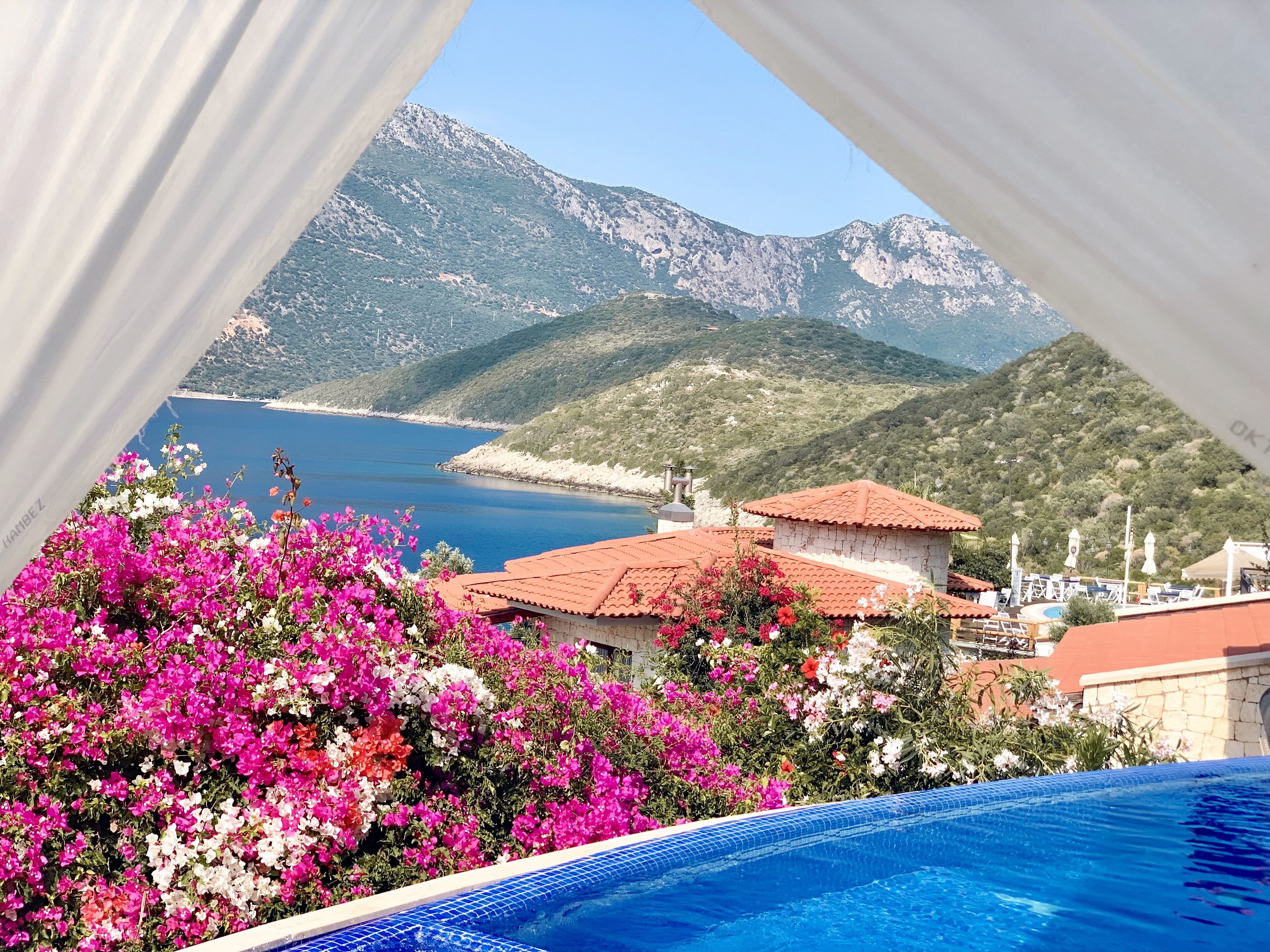 Vista de la piscina con montañas al fondo, mar azul cristalino y flores rosas vibrantes.