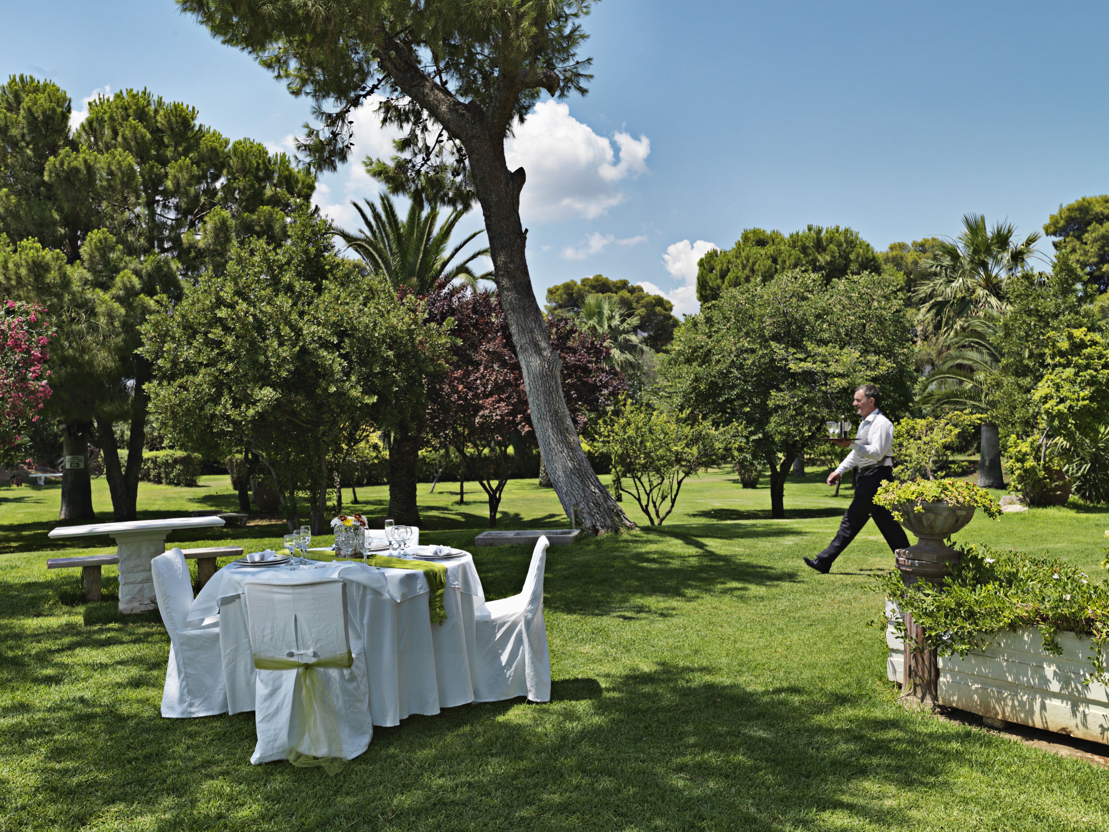 An outdoor dining area with round tables set up on grass, surrounded by trees and a clear sky.