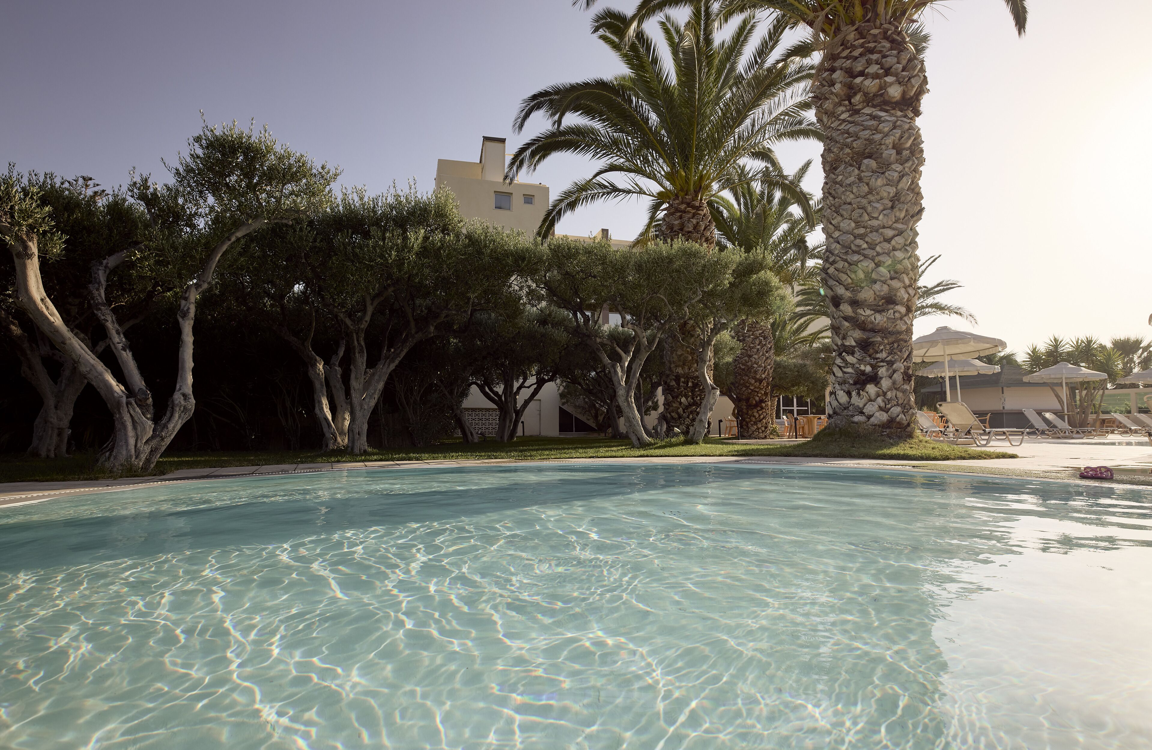 A clear swimming pool surrounded by trees and a building in the background.
