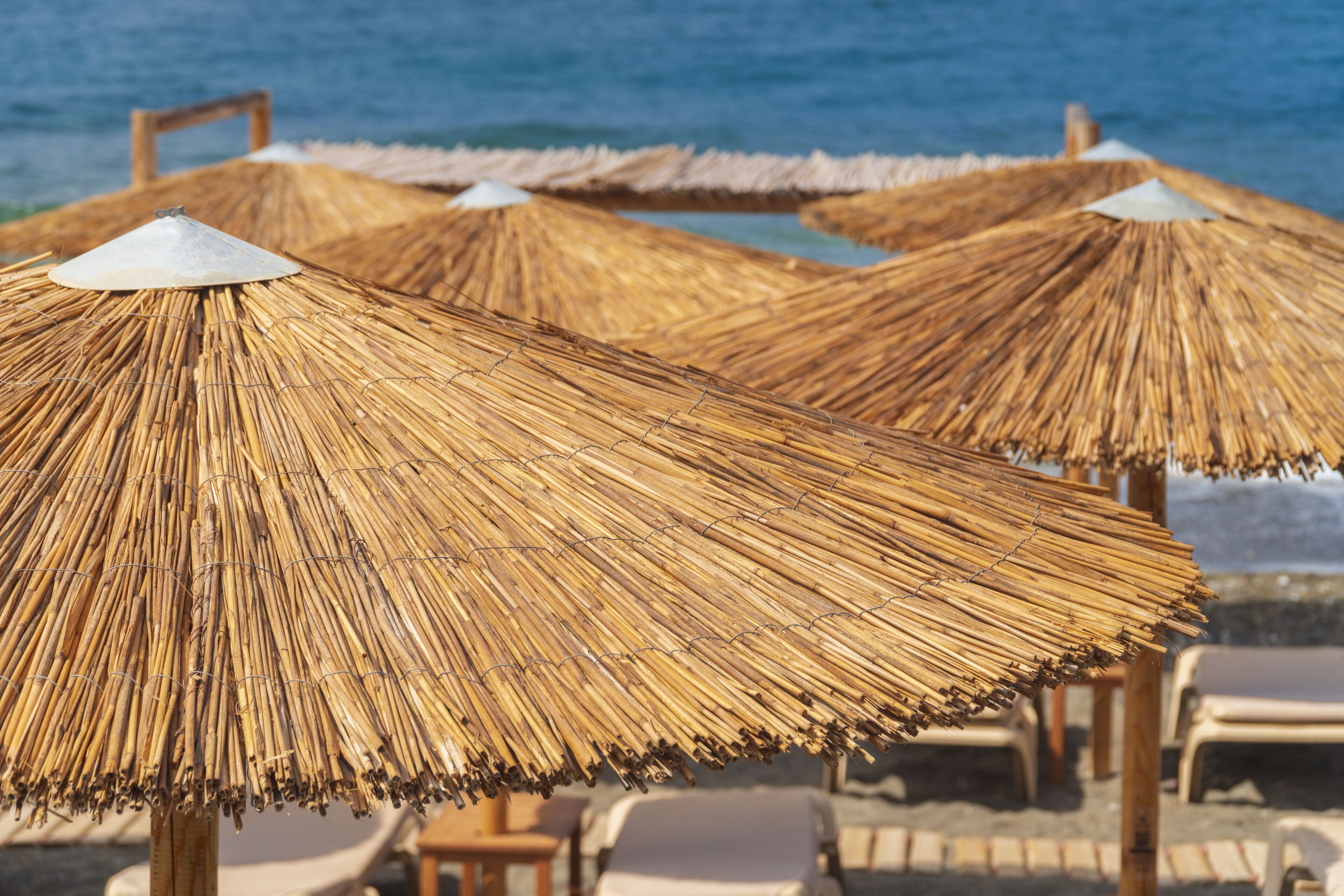 A beach with straw umbrellas and lounge chairs.