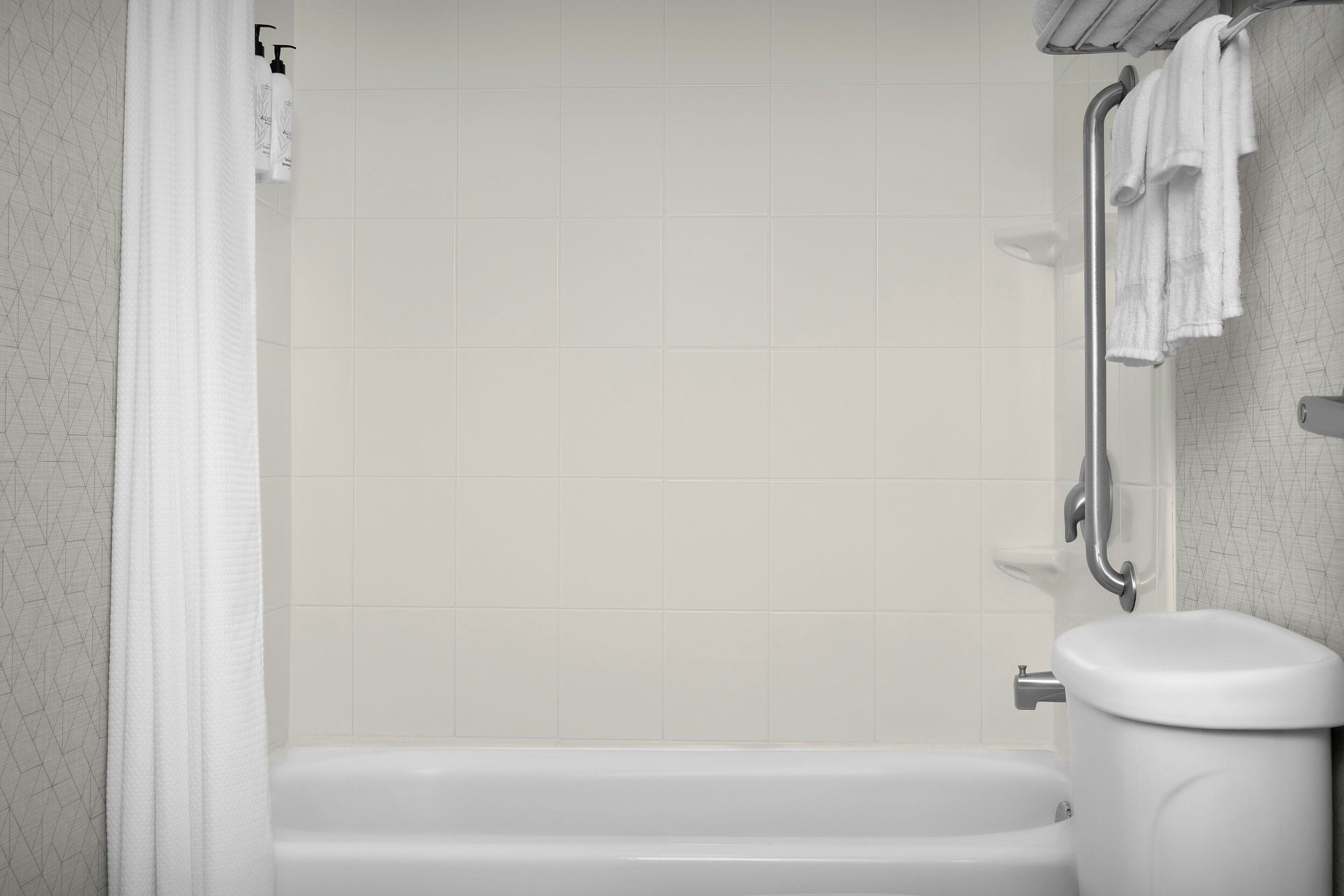 combined shower/bathtub, free toiletries, hair dryer, towels