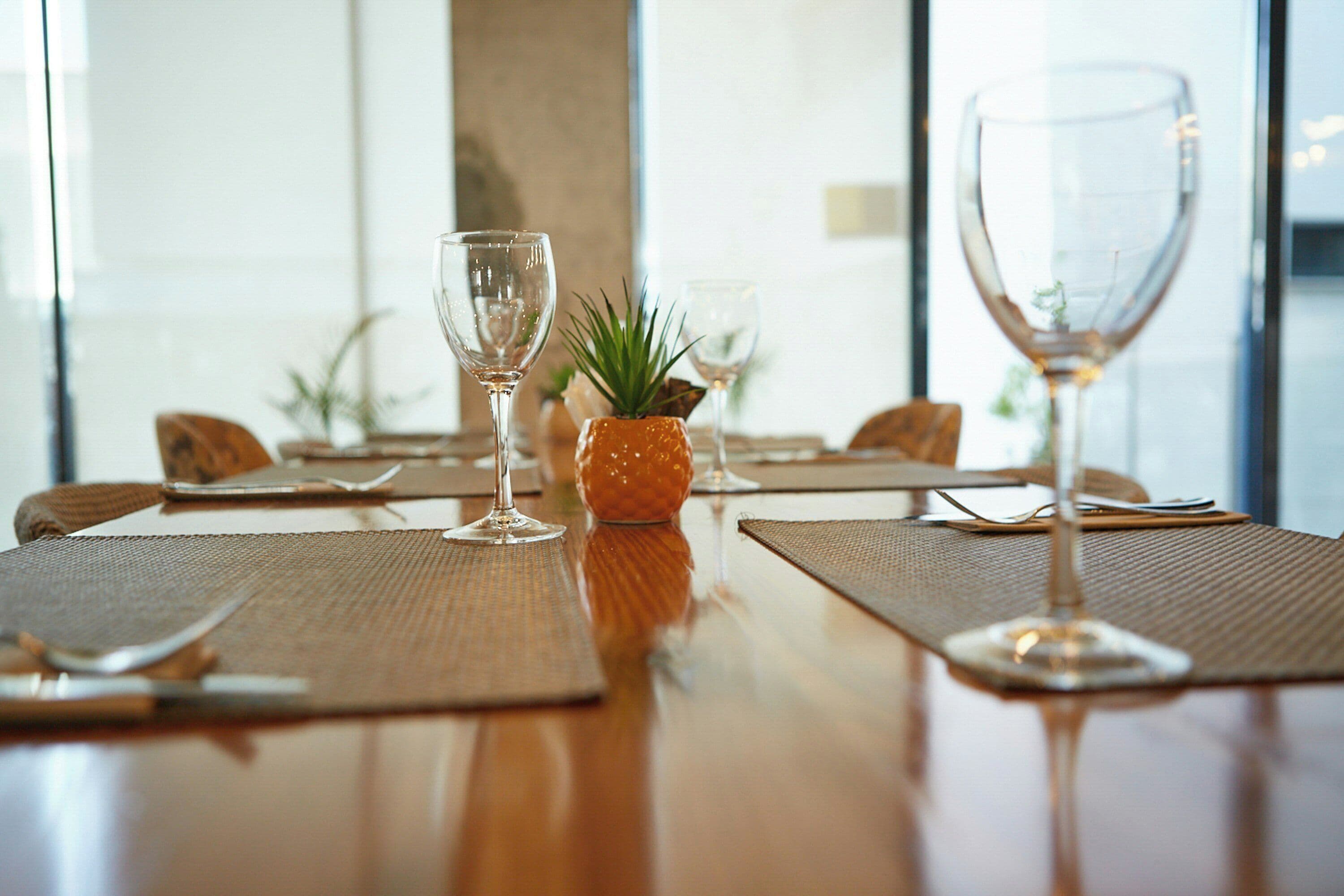 Una mesa de comedor con individuales, copas de vino y una pequeña planta en maceta.