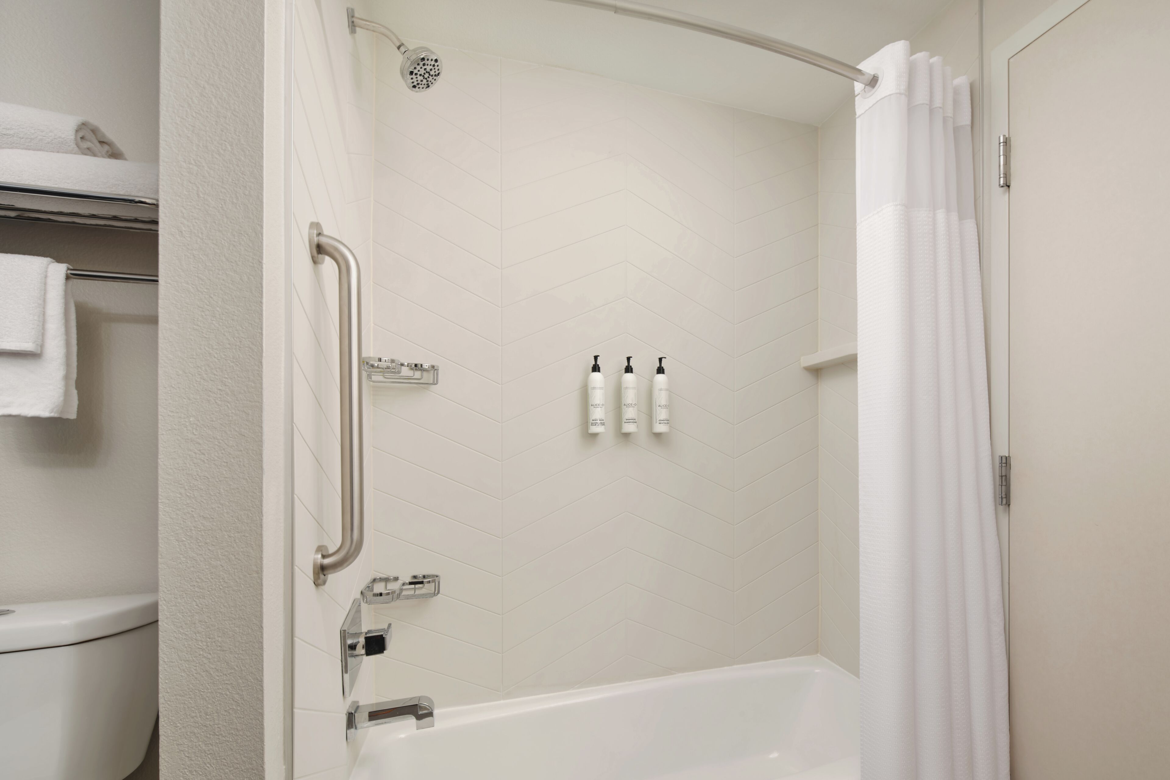 A bathroom with a shower, toilet, and handrails.