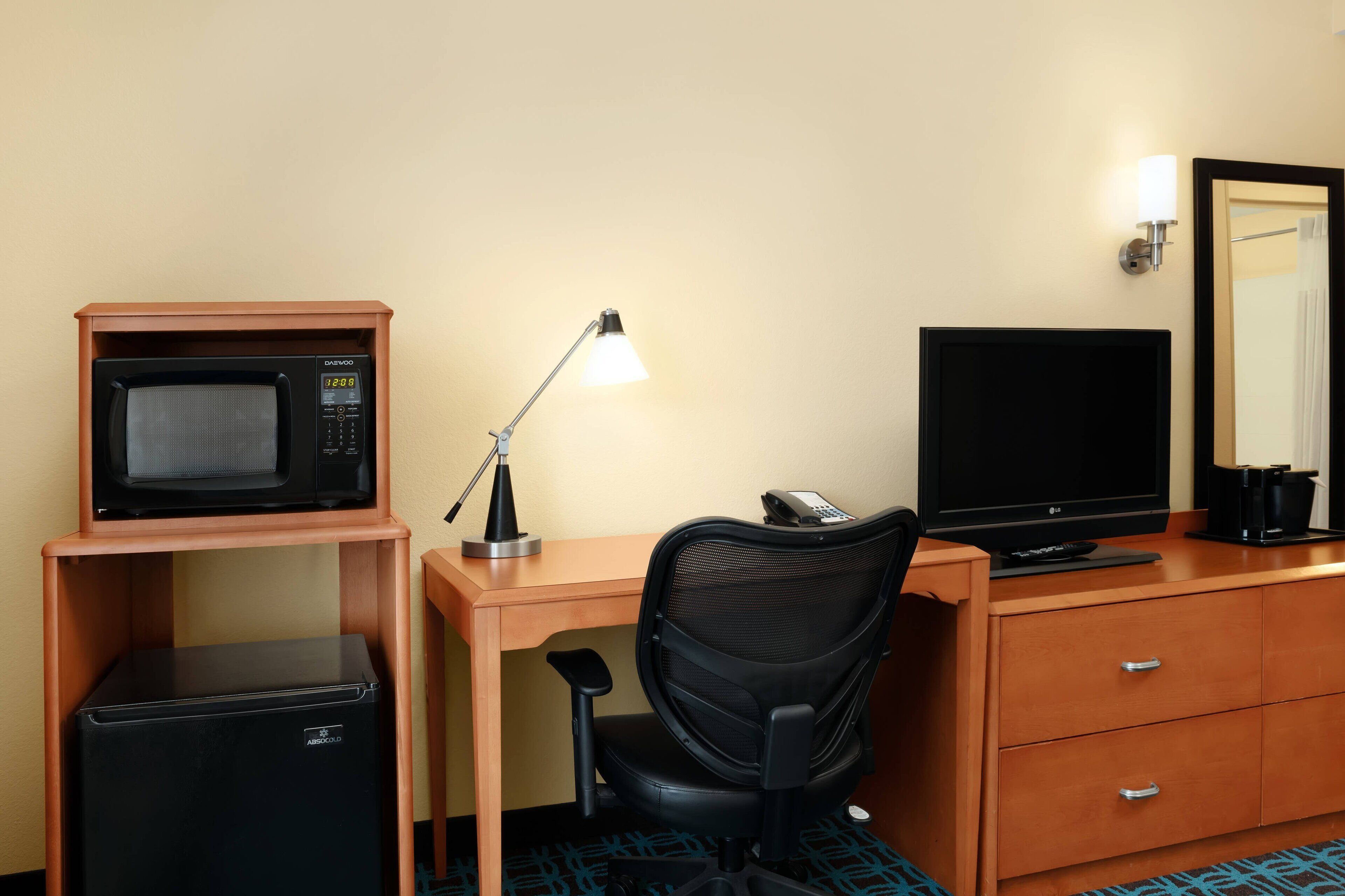 desk, laptop workspace, blackout curtains, iron/ironing board