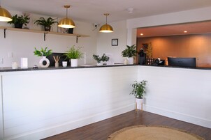 Cocina moderna con armarios blancos, encimera de madera y varias lámparas colgantes.