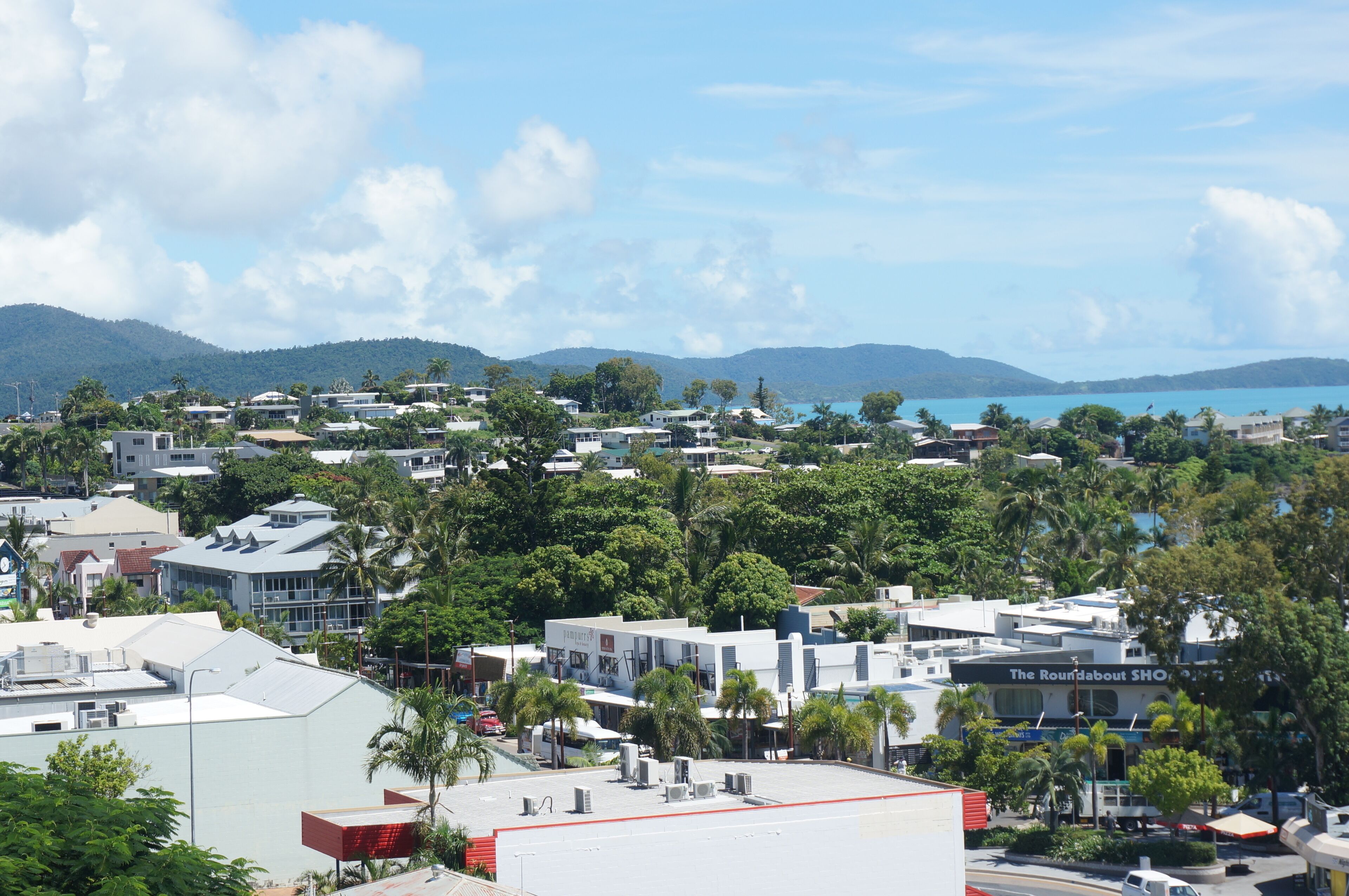 A coastal town with buildings, palm trees, and a view of the sea.