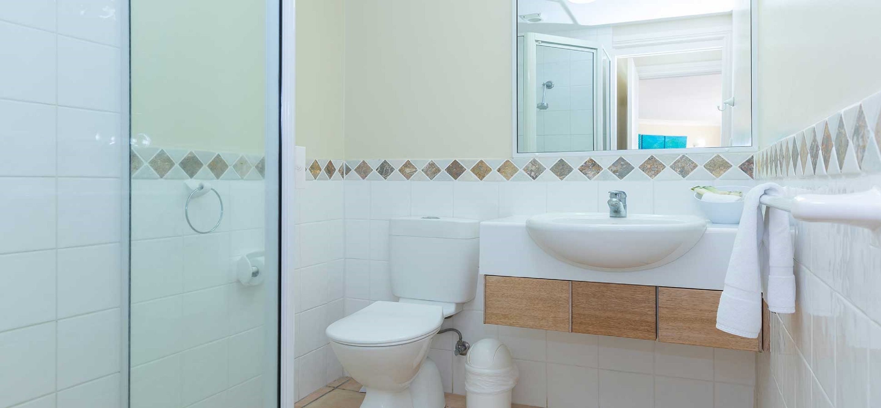 Une salle de bain avec une douche à parois de verre, des toilettes blanches, un lavabo avec un miroir au-dessus et un porte-serviettes.