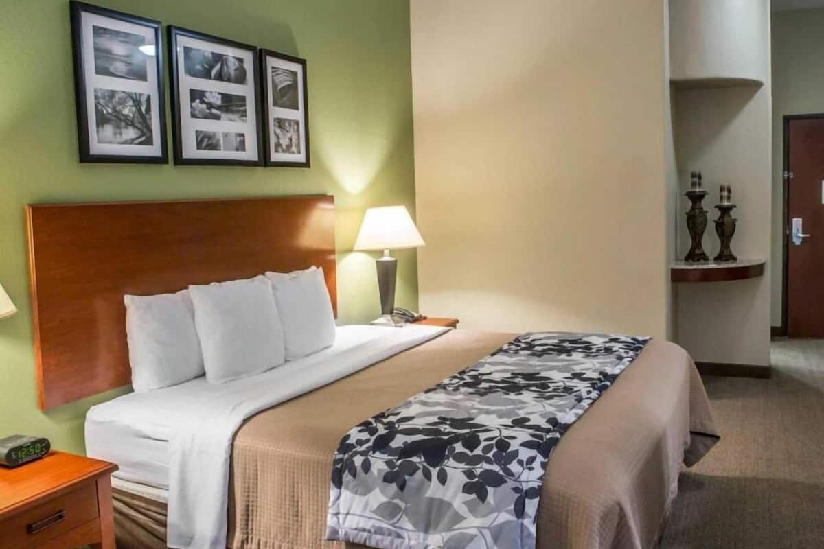 A hotel room with a bed, bedside table, lamp, and framed pictures on the wall.