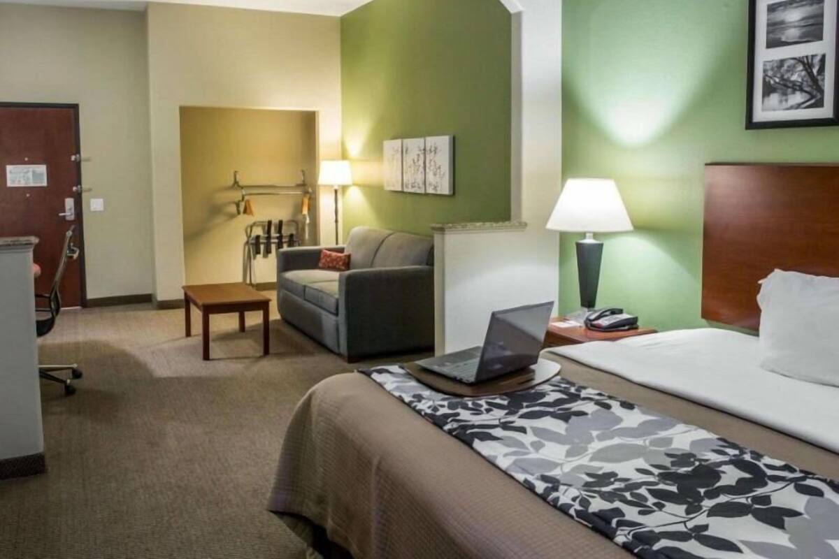 A hotel room with a bed, a desk, a chair, a sofa, a lamp, and a painting on the wall.