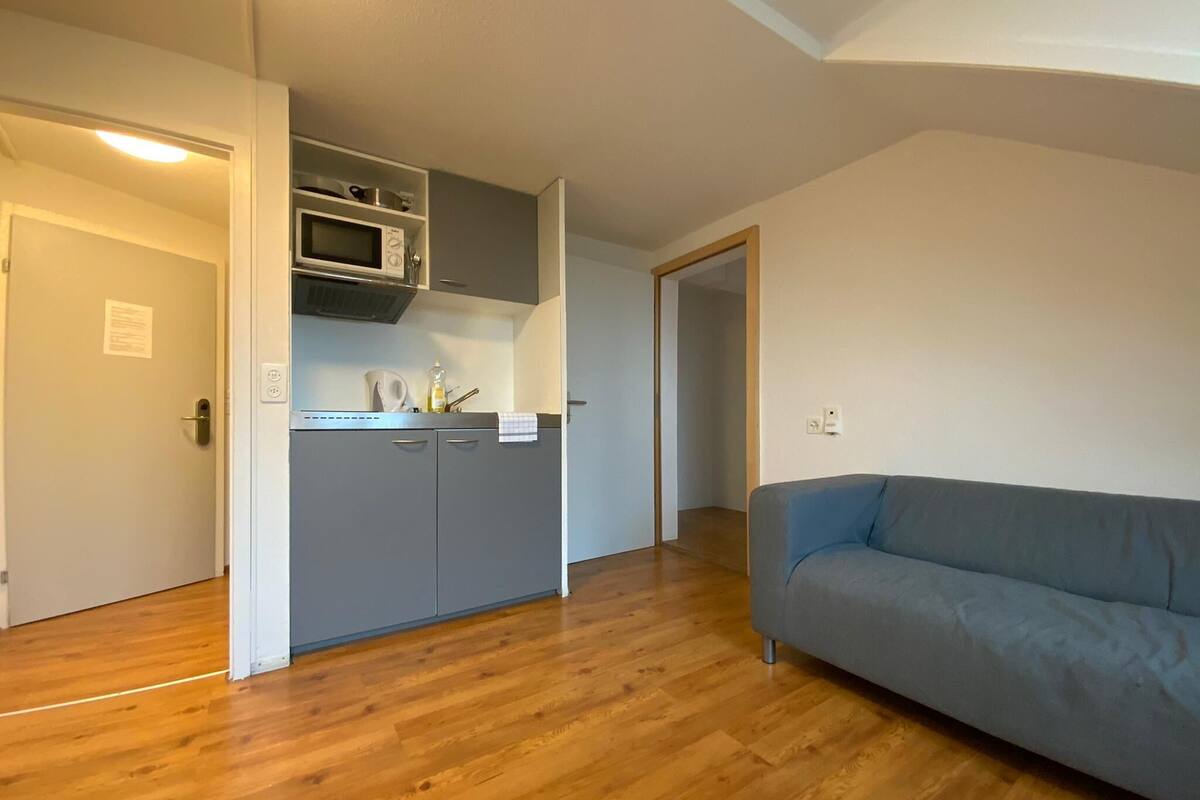A compact living space with a kitchenette, a grey sofa, and wooden flooring.